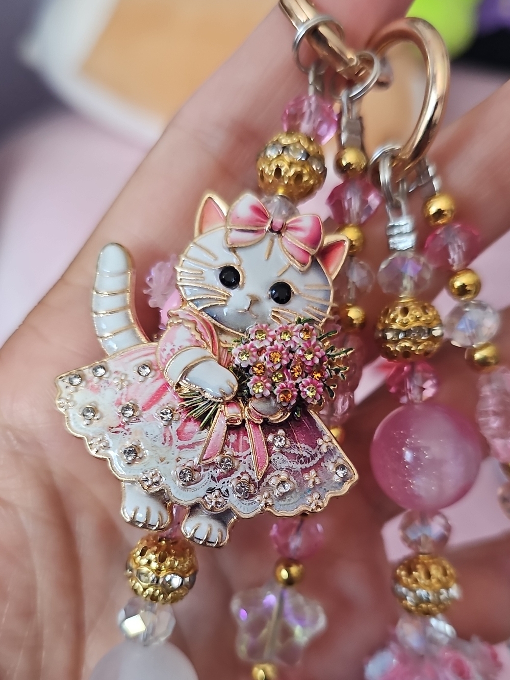 Pink Cat Bouquet Charm Keychain -purse Charm